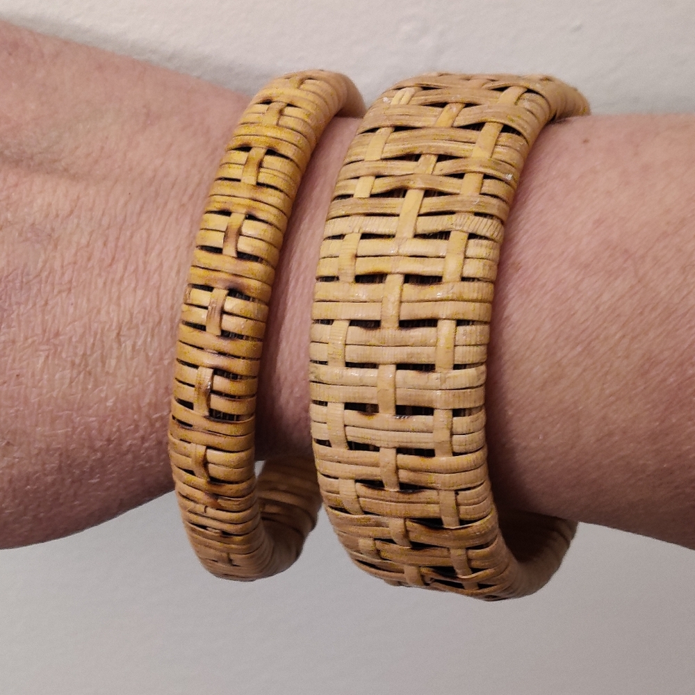 Vintage Straw Rattan Basket Weave Bangles Set